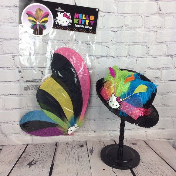 Hello Kitty Childs Black Sequined Fedora & Rainbow Sparkle Wings Cosplay Costume - Picture 1 of 12